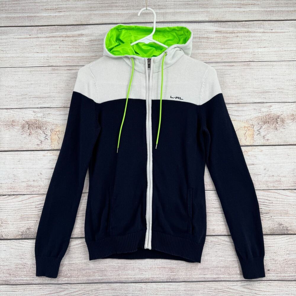 L-RL Lauren Active Full‎ Zip Knit Hoodie Sweater Women's Medium Blue/White